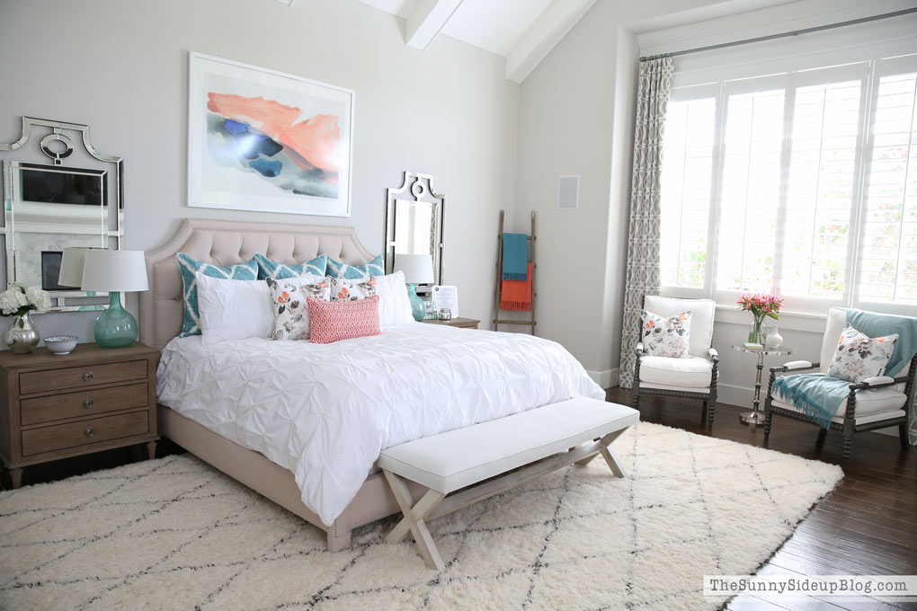 Master Bedroom Reveal! (Sunny Lifestyles) vaulted shiplap ceiling, plantation shutters, custom window bench seats, linen cabinet, french doors, wood floors, marble fireplace, sitting area, desk work space, spindle chairs.