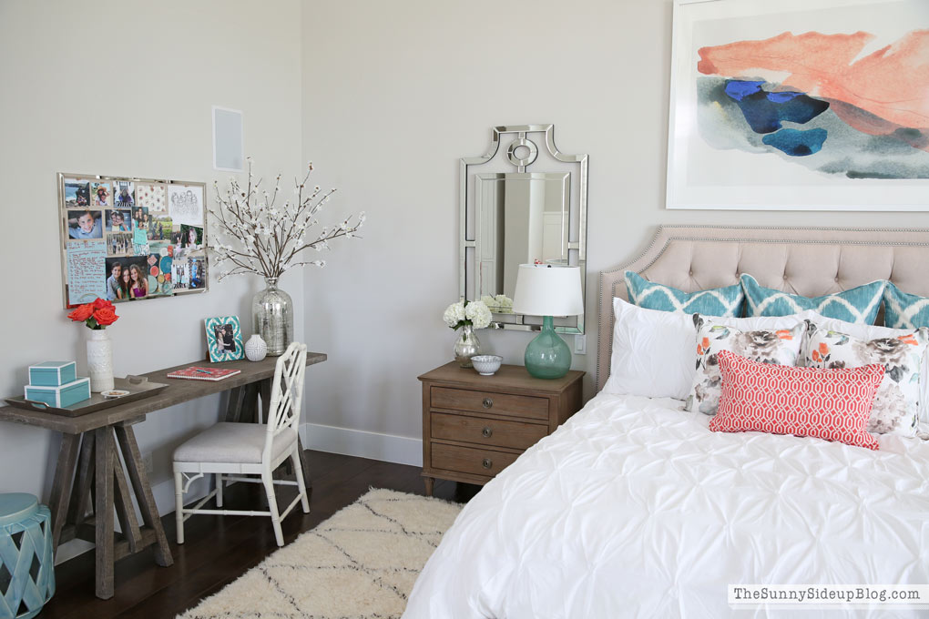 Master Bedroom Reveal! (Sunny Lifestyles) vaulted shiplap ceiling, plantation shutters, custom window bench seats, linen cabinet, french doors, wood floors, marble fireplace, sitting area, desk work space, spindle chairs.