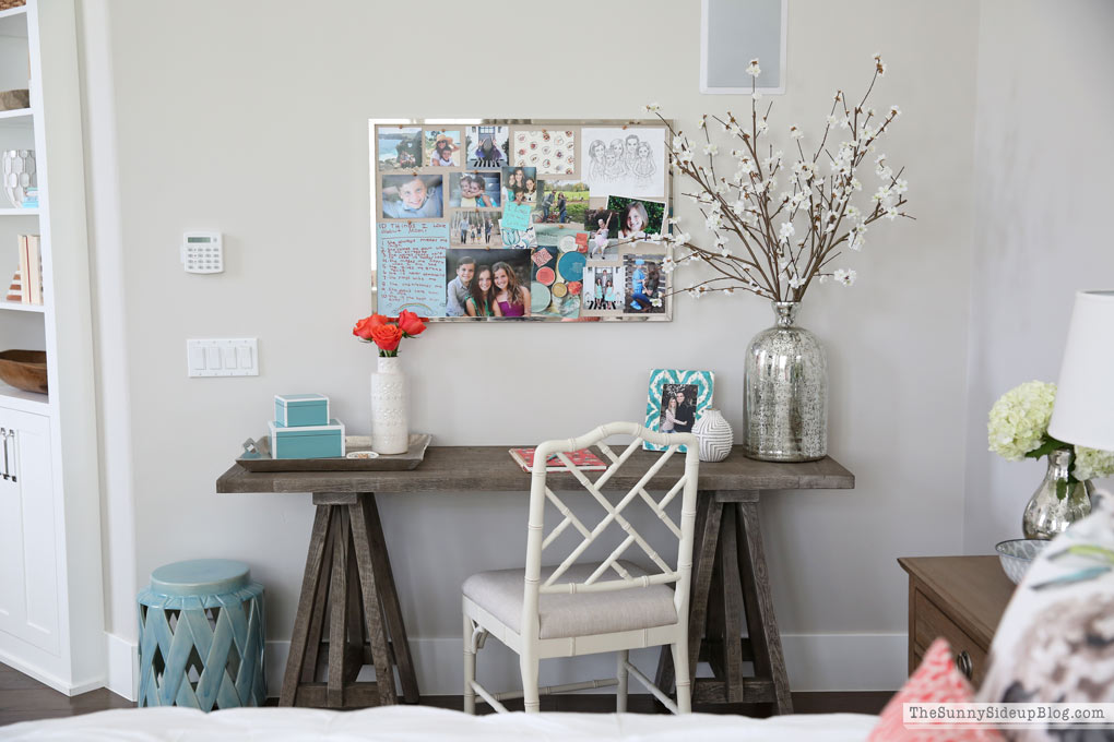 Master Bedroom Reveal! (Sunny Lifestyles) vaulted shiplap ceiling, plantation shutters, custom window bench seats, linen cabinet, french doors, wood floors, marble fireplace, sitting area, desk work space, spindle chairs.