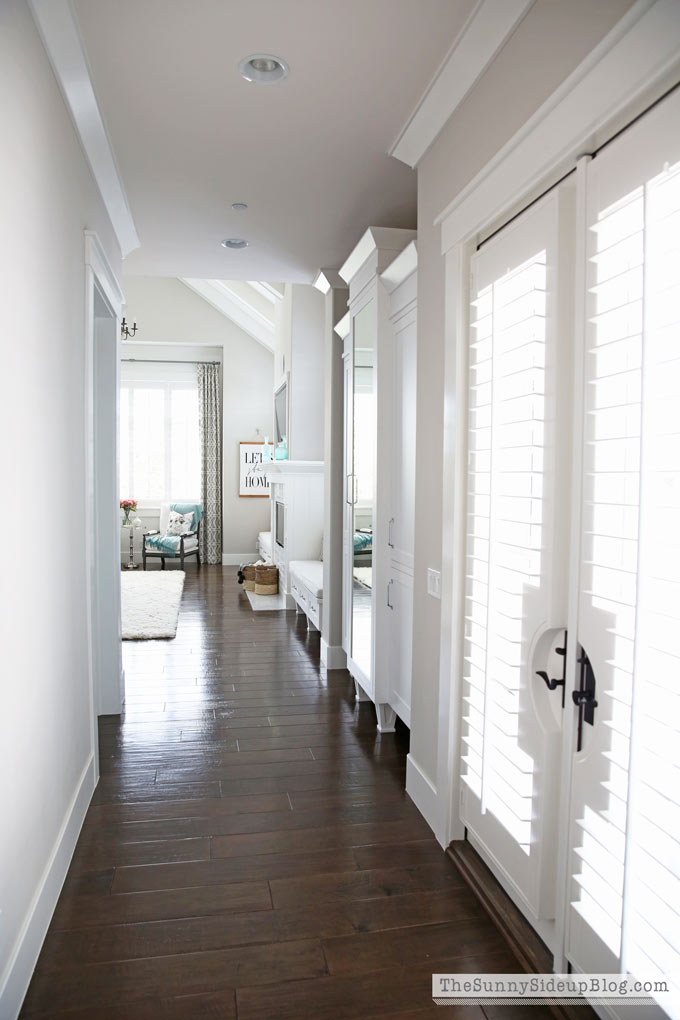 Master Bedroom Reveal! (Sunny Lifestyles) vaulted shiplap ceiling, plantation shutters, custom window bench seats, linen cabinet, french doors, wood floors, marble fireplace, sitting area, desk work space.