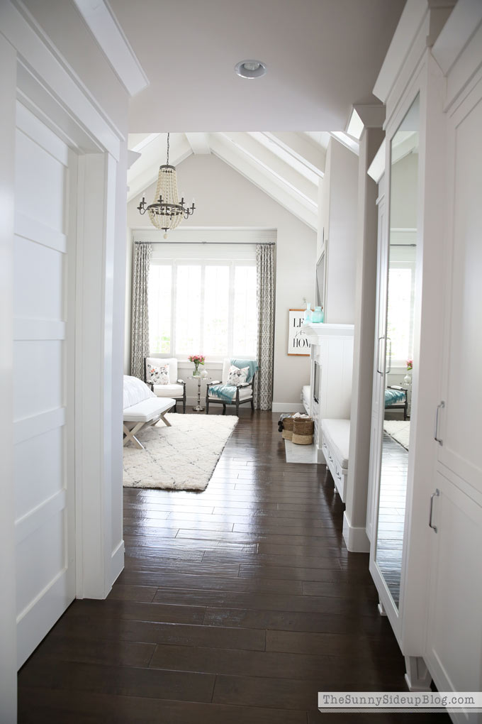 Master Bedroom Reveal! (Sunny Lifestyles) vaulted shiplap ceiling, plantation shutters, custom window bench seats, linen cabinet, french doors, wood floors, marble fireplace, sitting area, desk work space.