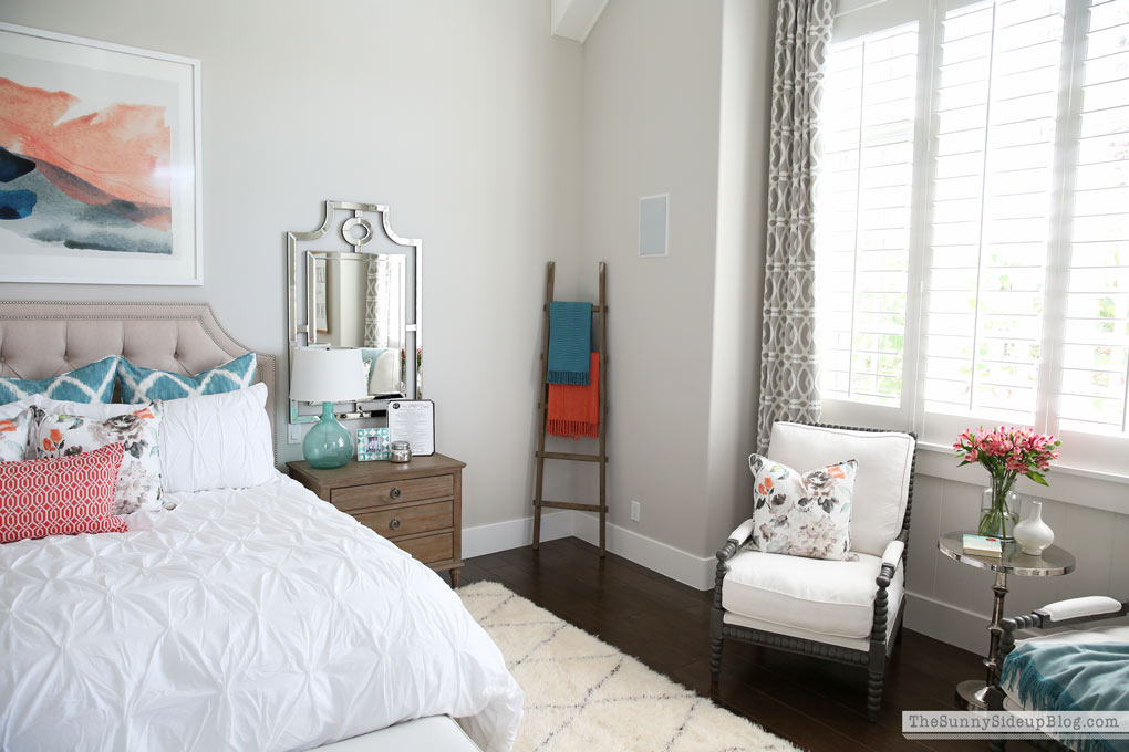 Master Bedroom Reveal! (Sunny Lifestyles) vaulted shiplap ceiling, plantation shutters, custom window bench seats, linen cabinet, french doors, wood floors, marble fireplace, sitting area, desk work space.